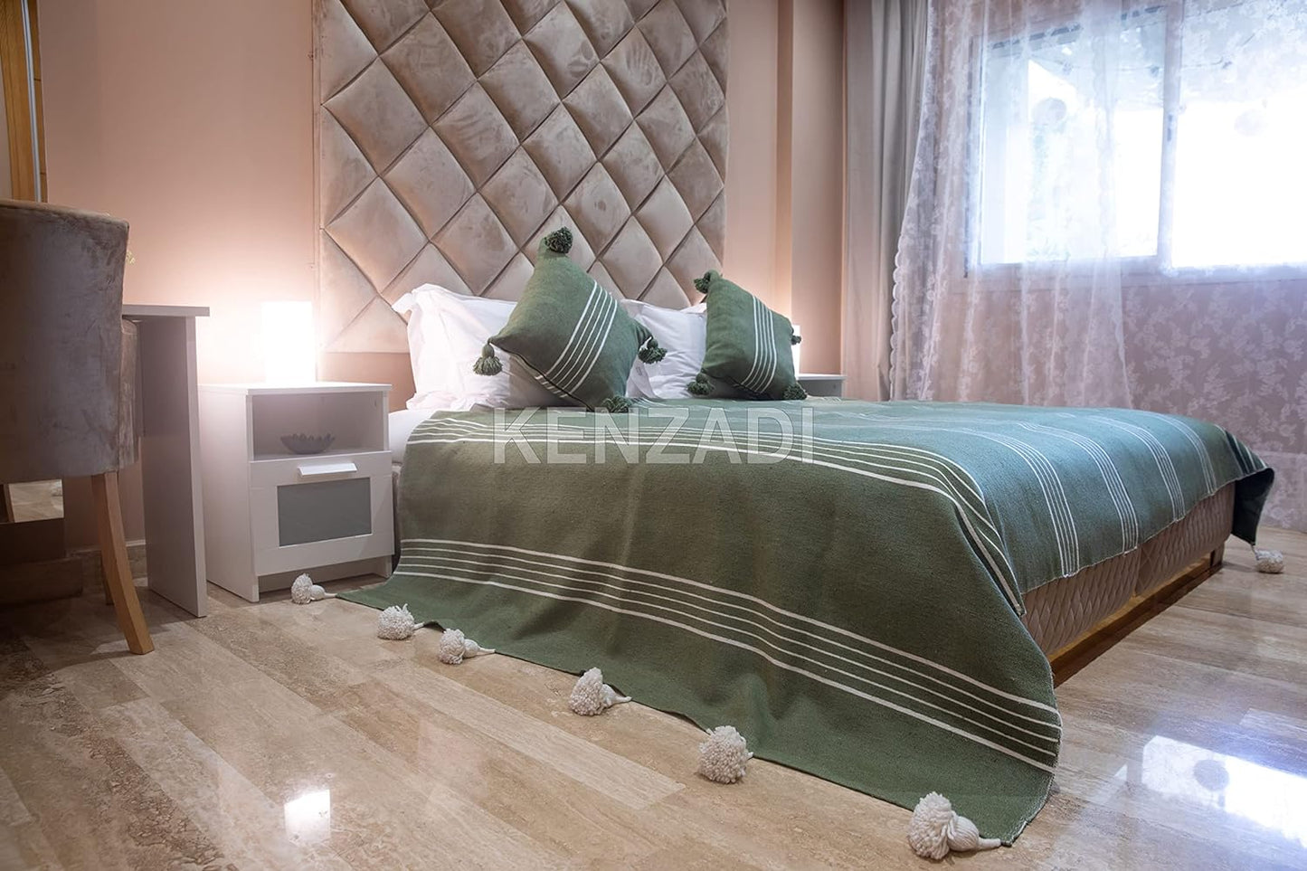 KENZADI Moroccan Handmade Pompom Blanket, Throw Blanket, Pom Pom Blanket, Boho Blanket, Bed Cover, Warm Blanket, Cozy Blanket (Striped Green with pom White, King (U.S. Standard))