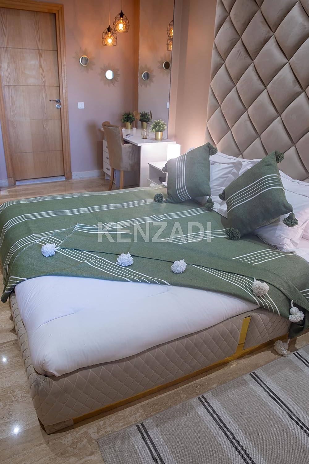 KENZADI Moroccan Handmade Pompom Blanket, Throw Blanket, Pom Pom Blanket, Boho Blanket, Bed Cover, Warm Blanket, Cozy Blanket (Striped Green with pom White, King (U.S. Standard))