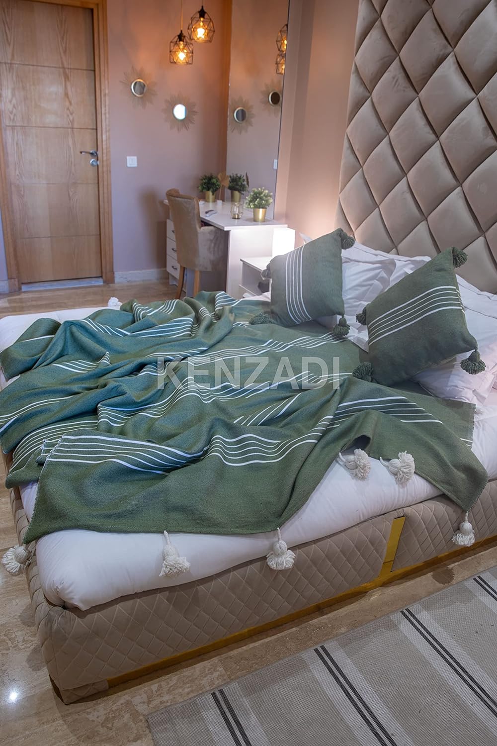 KENZADI Moroccan Handmade Pompom Blanket, Throw Blanket, Pom Pom Blanket, Boho Blanket, Bed Cover, Warm Blanket, Cozy Blanket (Striped Green with pom White, King (U.S. Standard))