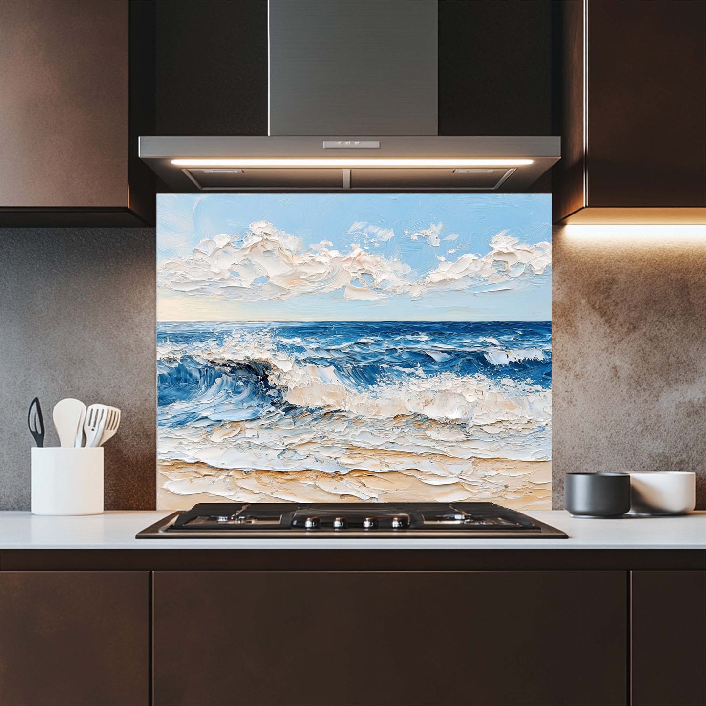 Coastal Foam – Tempered Glass Backsplash for Kitchen | Textured Ocean Wave Beach Backsplash