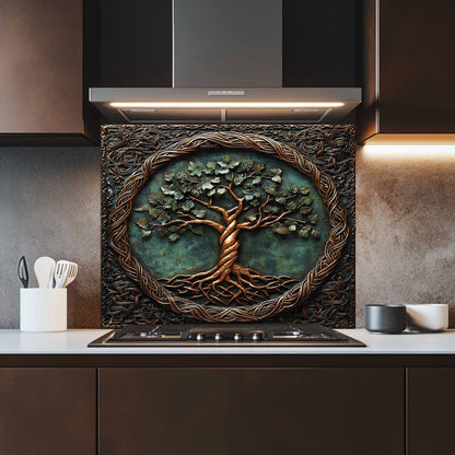 Durable Tempered Glass Backsplash – Kitchen Backsplash with Tree of Life Design