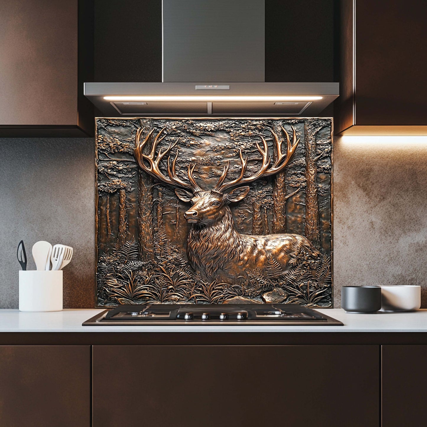 Copper Look Deer Tempered Glass Backsplash – Rustic Nature Kitchen Backsplash
