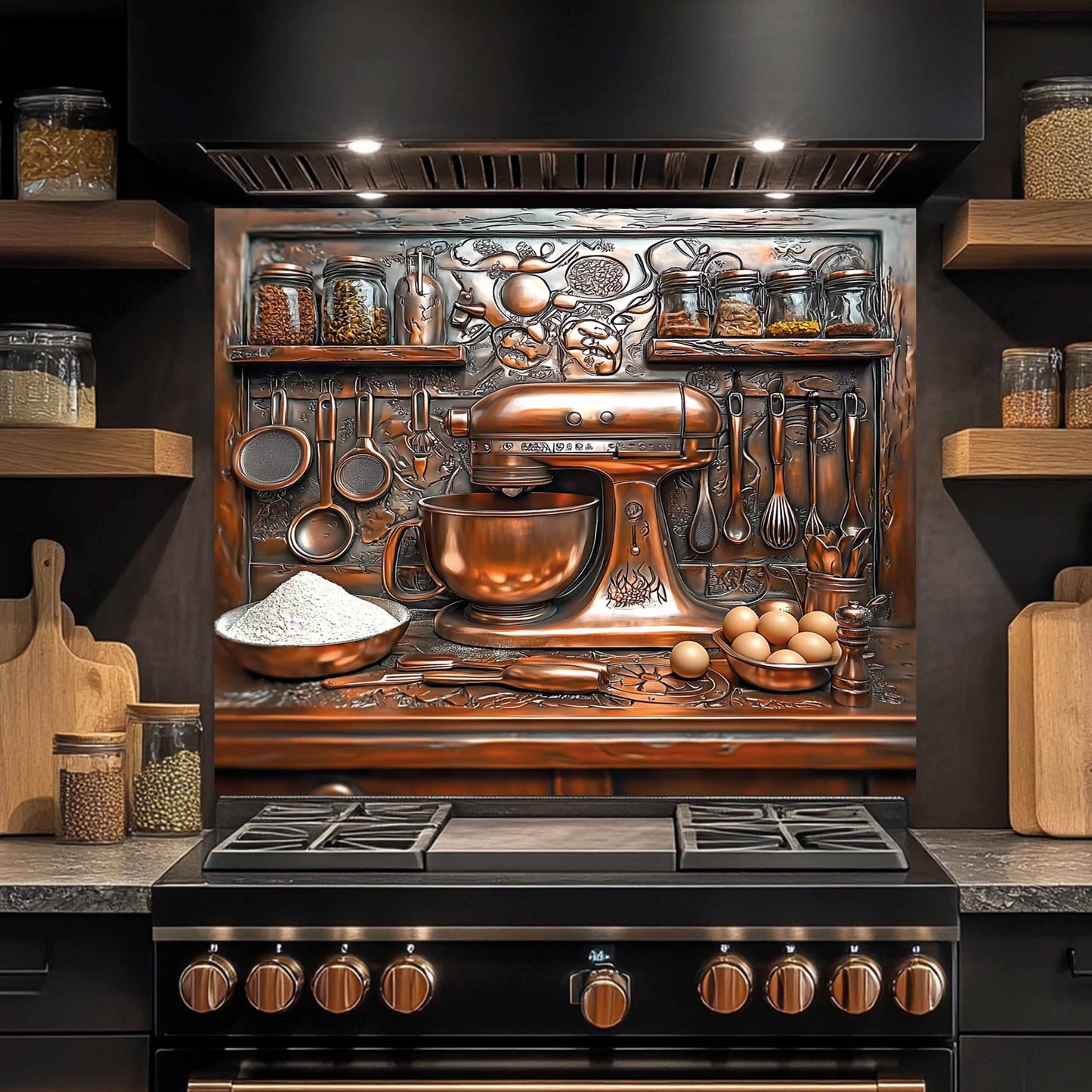 Baker’s Station Tempered Glass Backsplash – Copper Look Rustic Kitchen Backsplash