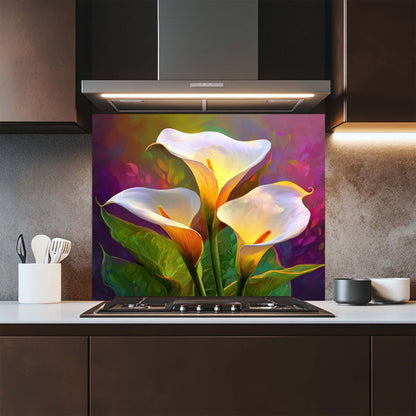 Luminous Calla Bloom – Tempered Glass Backsplash for Kitchen | Glowing Floral Backsplash