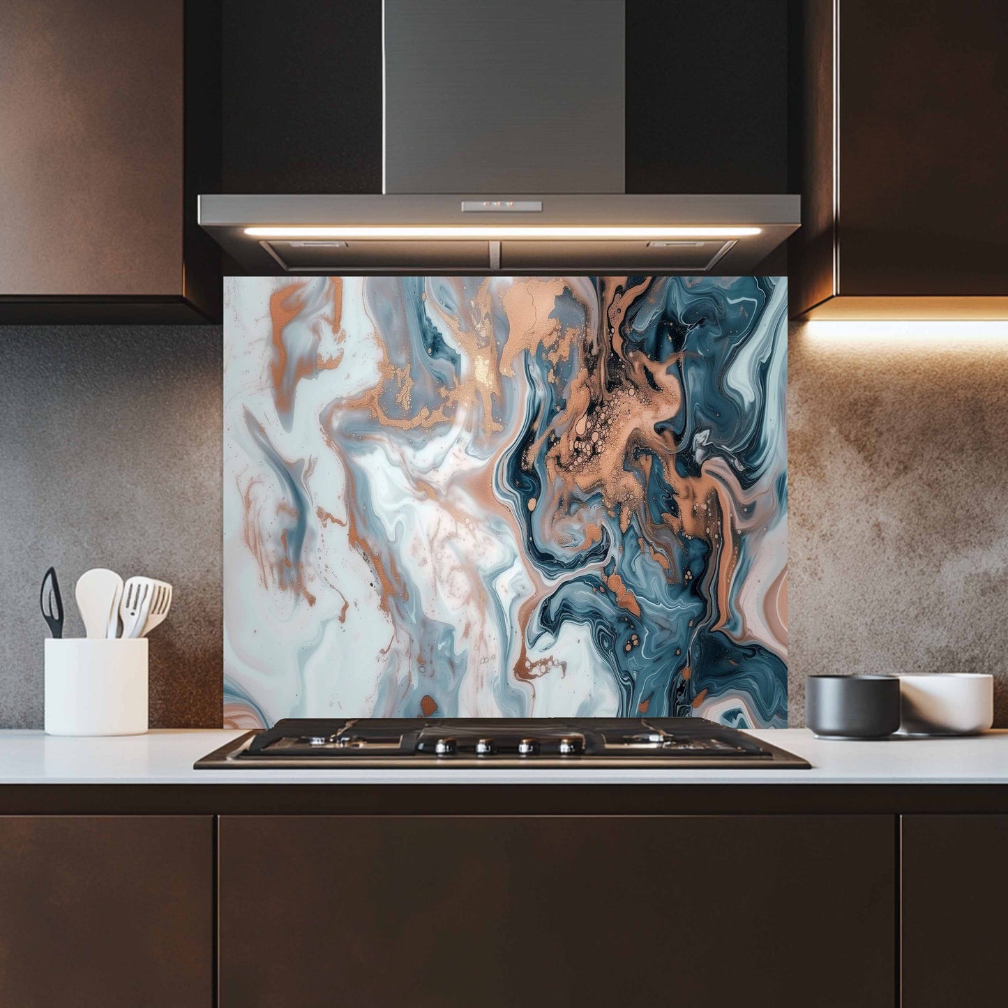 Glass Kitchen Backsplash – Copper Smoke Marble Abstract Design