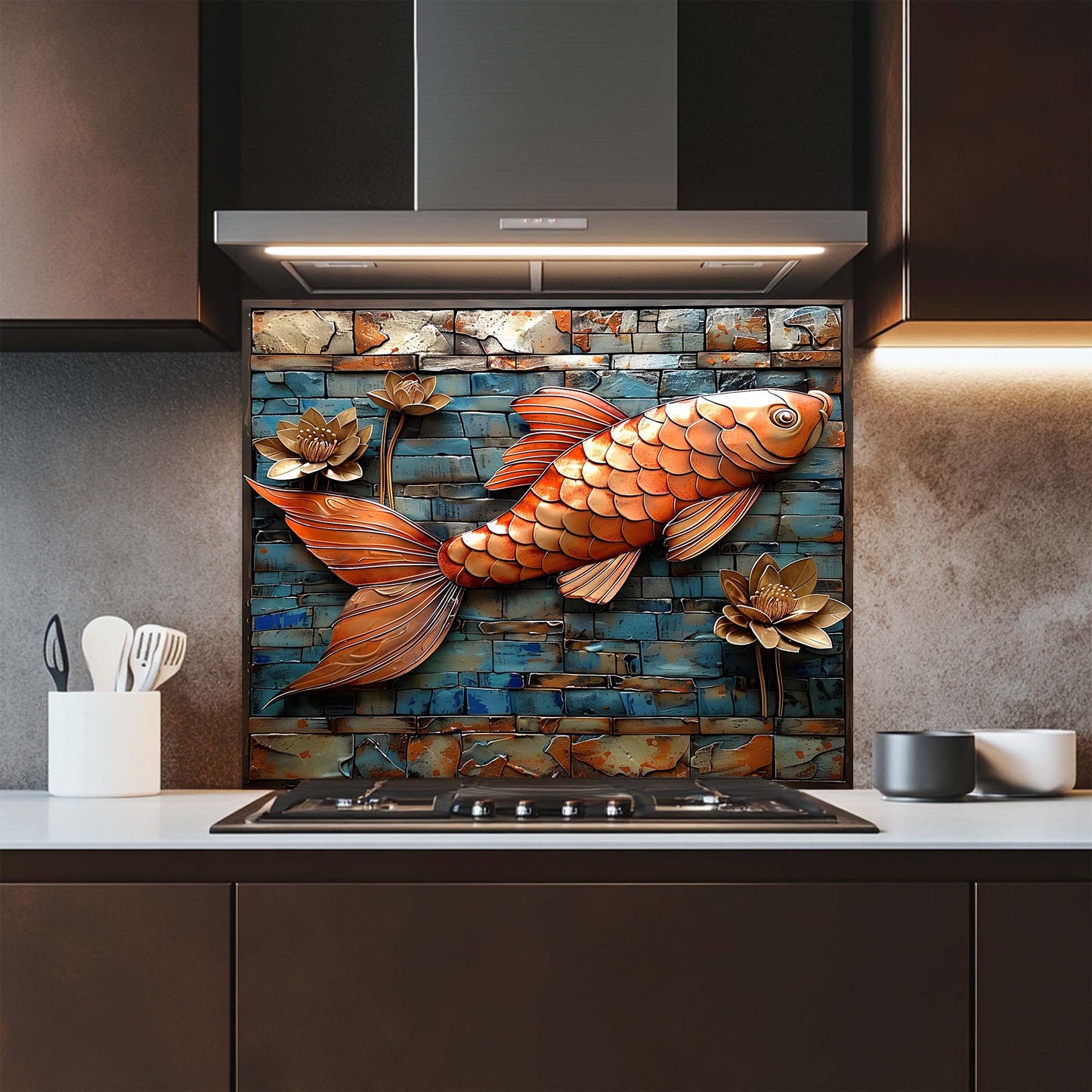Copper Koi – Tempered Glass Backsplash for Kitchen | Fish and Lotus Copper Look Backsplash