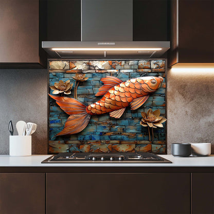 Copper Koi – Tempered Glass Backsplash for Kitchen | Fish and Lotus Copper Look Backsplash