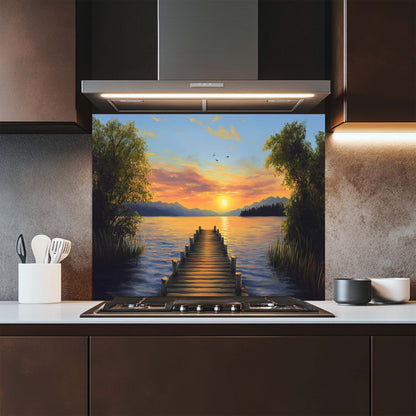 Golden Dock – Tempered Glass Backsplash for Kitchen Stove | Lakeside Sunset Backsplash