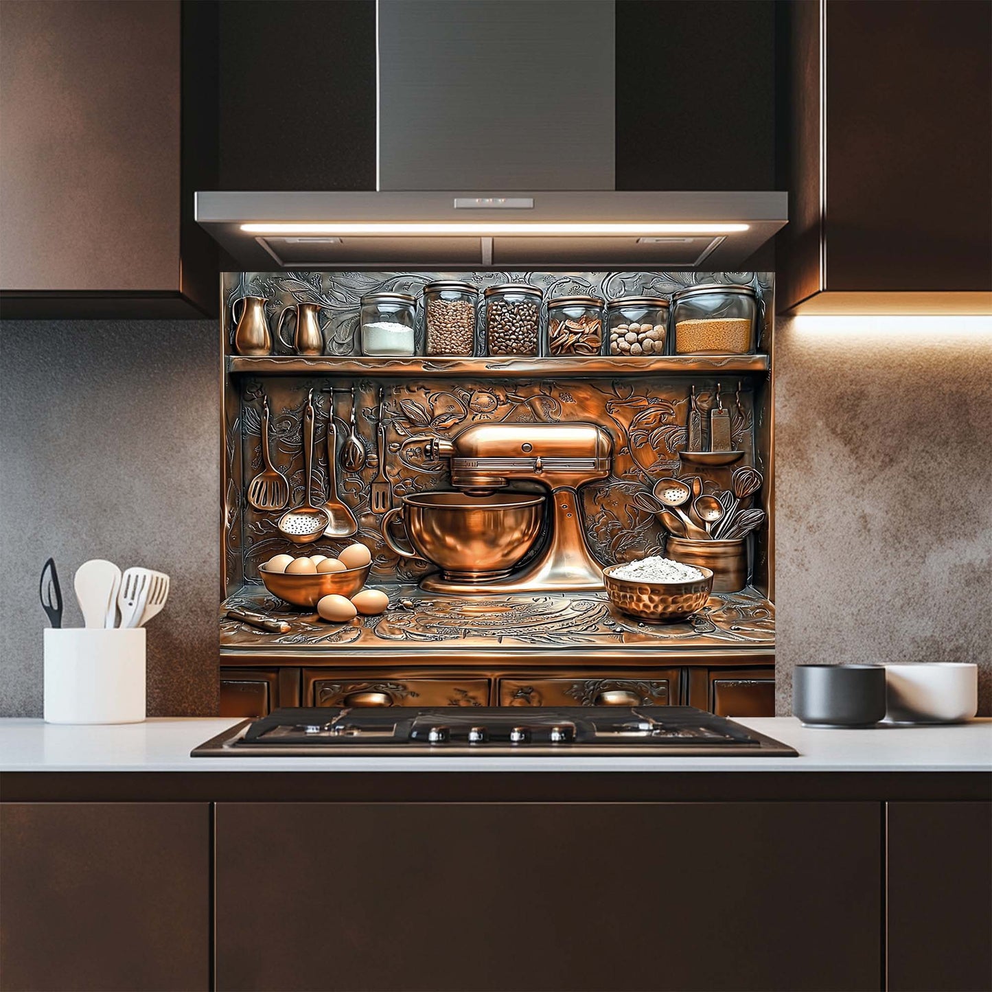 Baker – Tempered Glass Backsplash for Kitchen Stove | Baking Scene in Copper Look