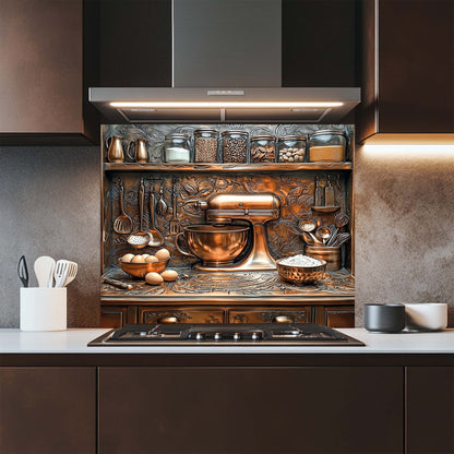 Baker – Tempered Glass Backsplash for Kitchen Stove | Baking Scene in Copper Look
