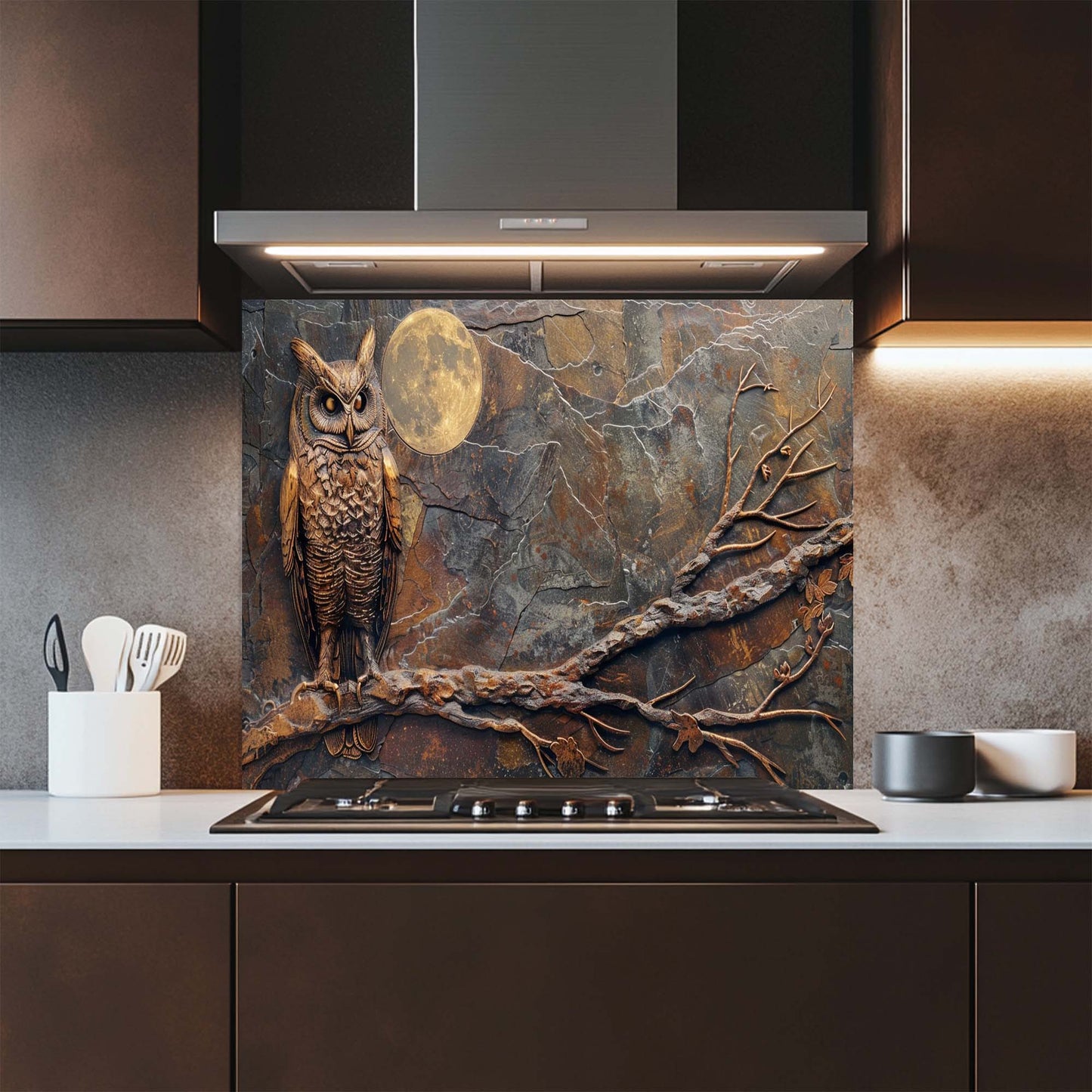 Midnight Owl Watch Tempered Glass Backsplash | Owl and Full Moon Backsplash
