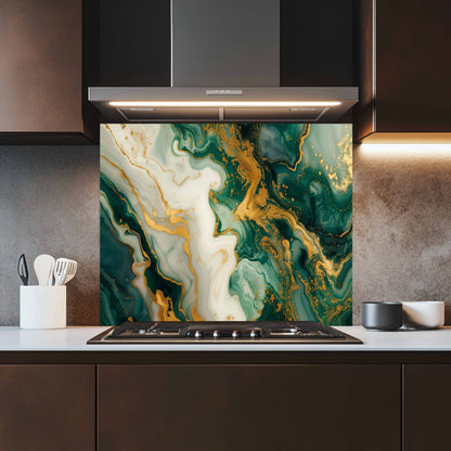 Glass Kitchen Backsplash – Green Gold Cream Fluid Marble Panel