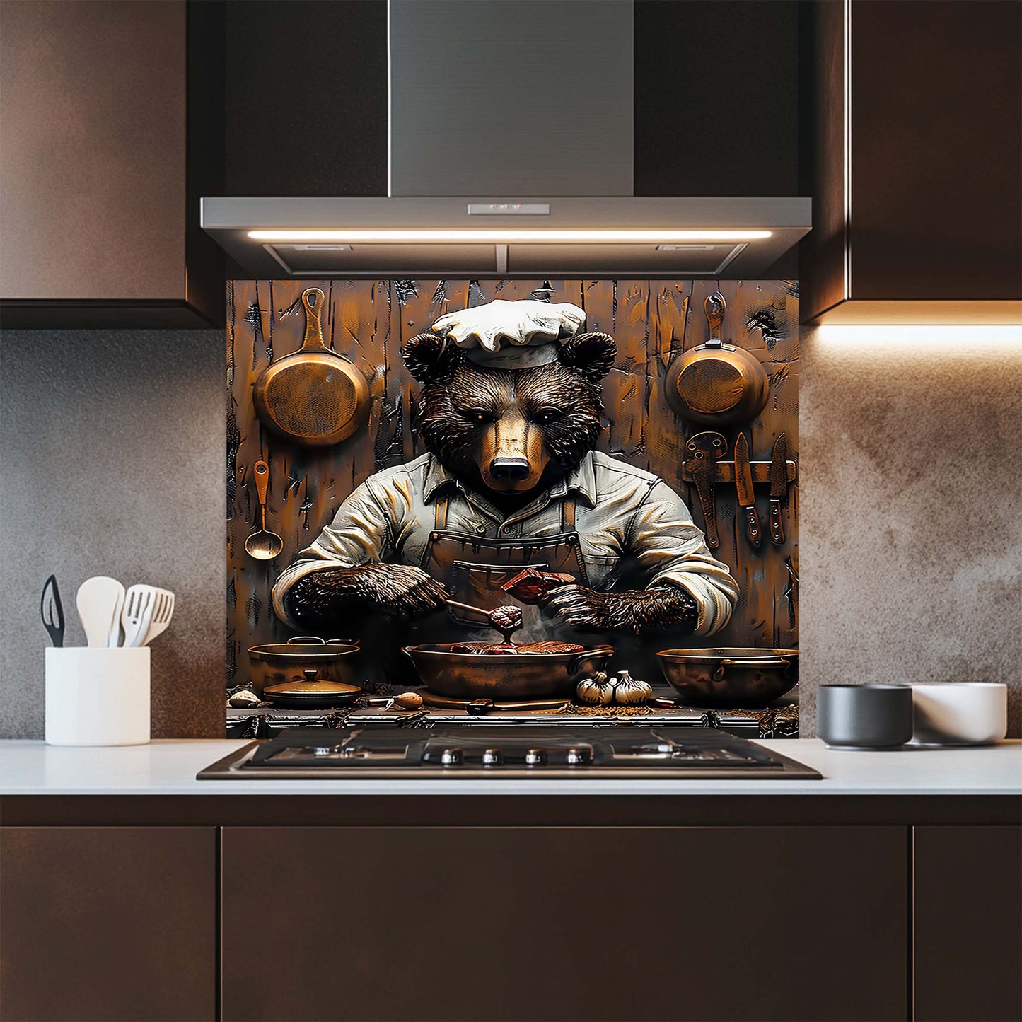 Chef Bear – Tempered Glass Backsplash for Kitchen Stove | Rustic Cooking Animal Backsplash