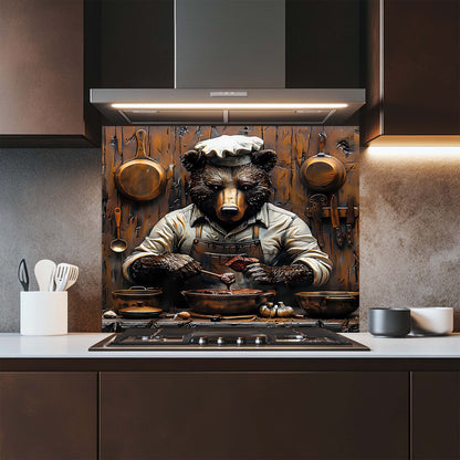 Chef Bear – Tempered Glass Backsplash for Kitchen Stove | Rustic Cooking Animal Backsplash