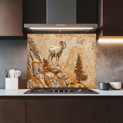 Mountain Pride – Tempered Glass Backsplash for Kitchen | Wild Ram on Rocky Cliff Backsplash