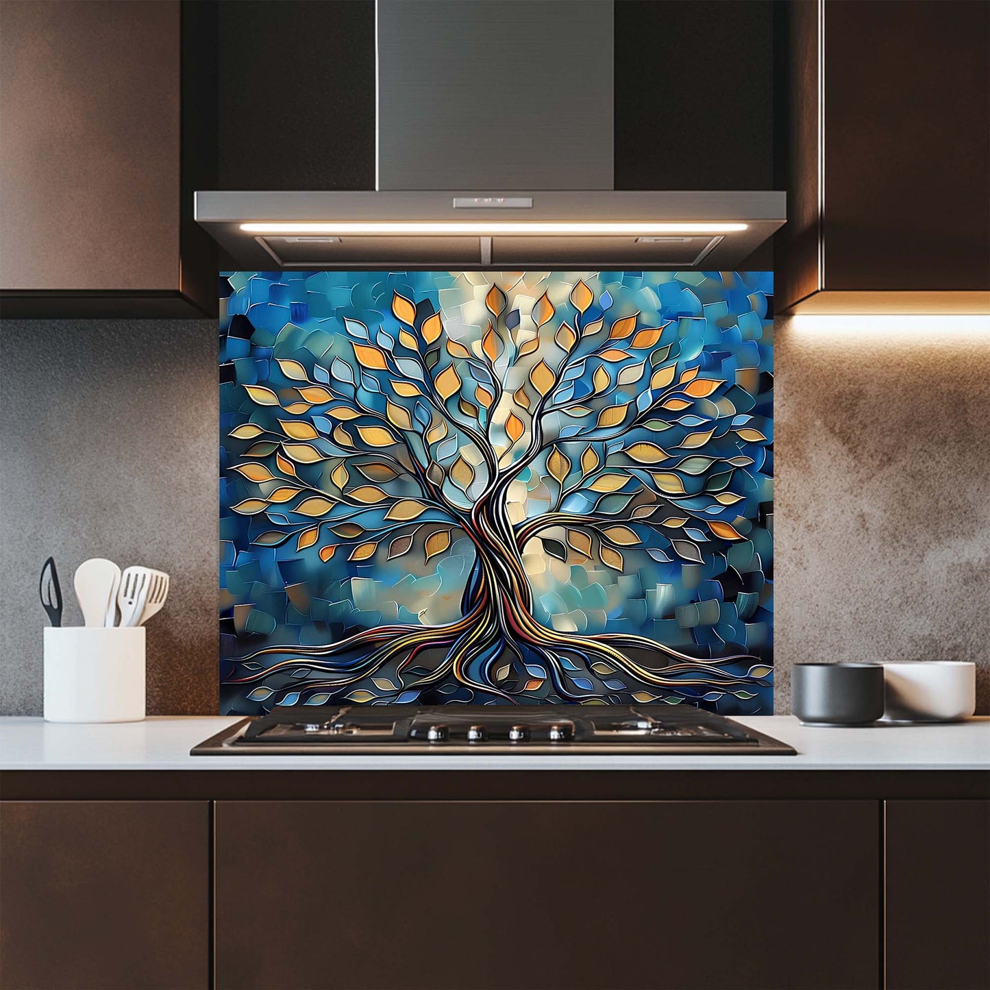 Electric Root – Tempered Glass Backsplash for Stove | Abstract Tree of Life Backsplash