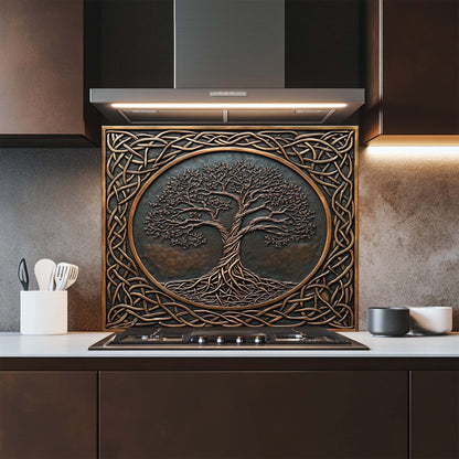 Timeless Root – Tempered Glass Backsplash for Stove | Tree of Life Copper Look Backsplash