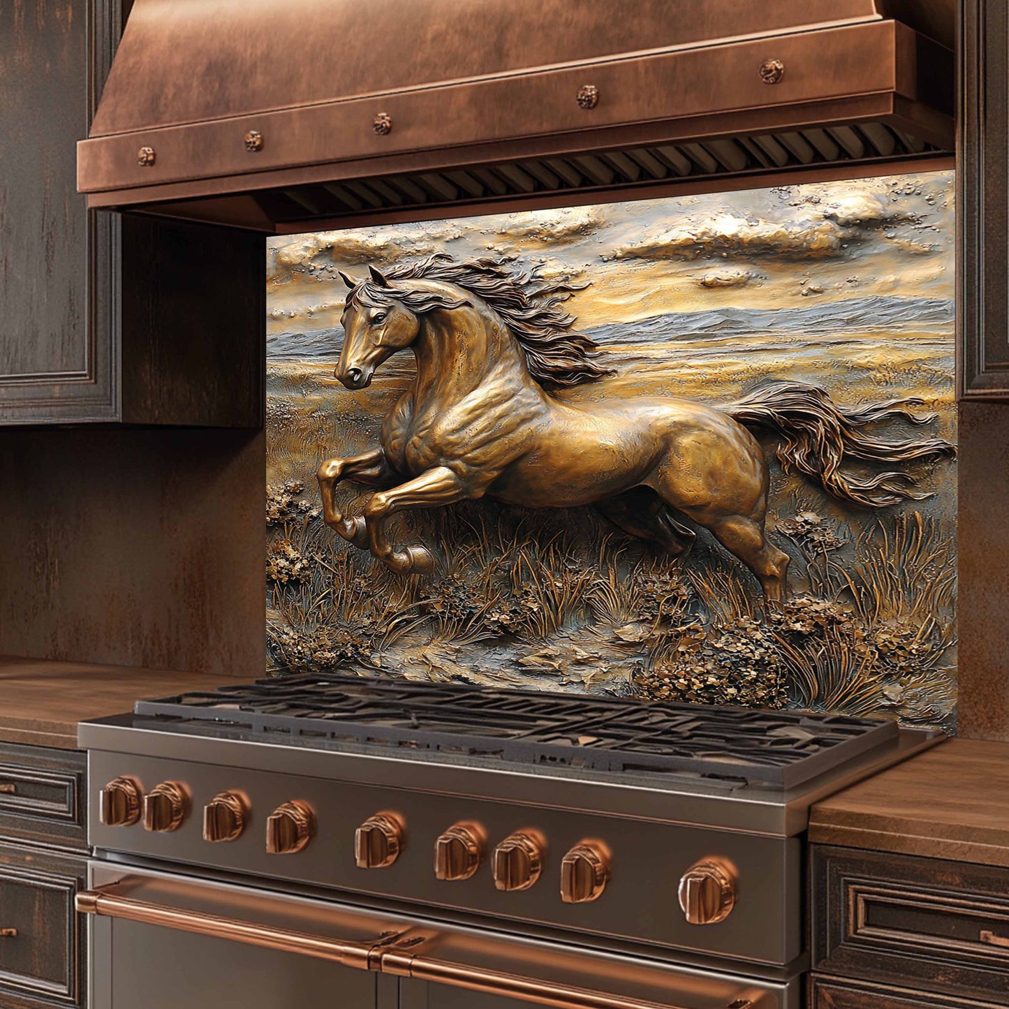 Copper Look Horse Tempered Glass Backsplash – Rustic Kitchen Back splash for Stove