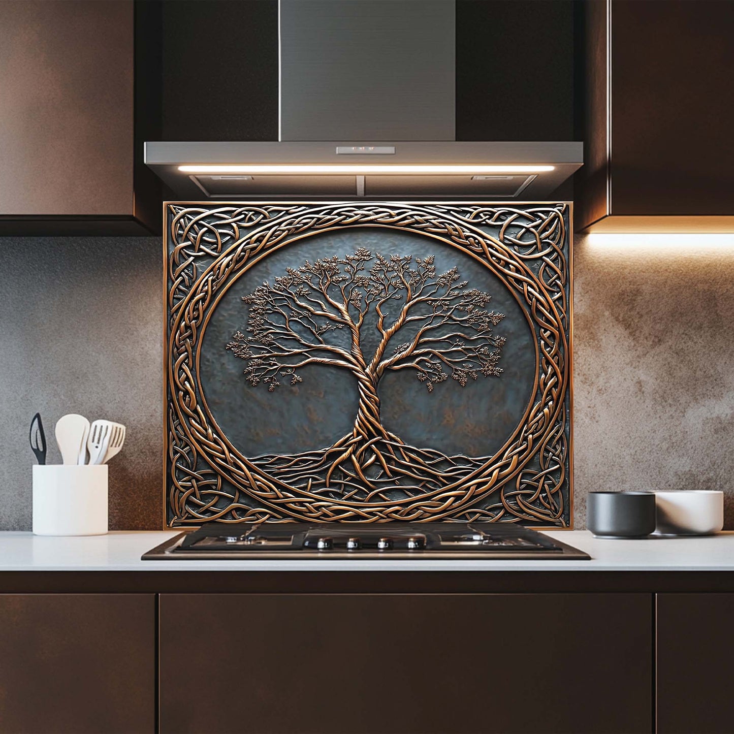Bronze Roots Tempered Glass Backsplash – Tree of Life Copper Look Kitchen Backsplash