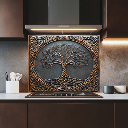 Bronze Roots Tempered Glass Backsplash – Tree of Life Copper Look Kitchen Backsplash