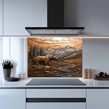 Bronze Grizzly Tempered Glass Backsplash – Mountain Bear Kitchen Backsplash Panel