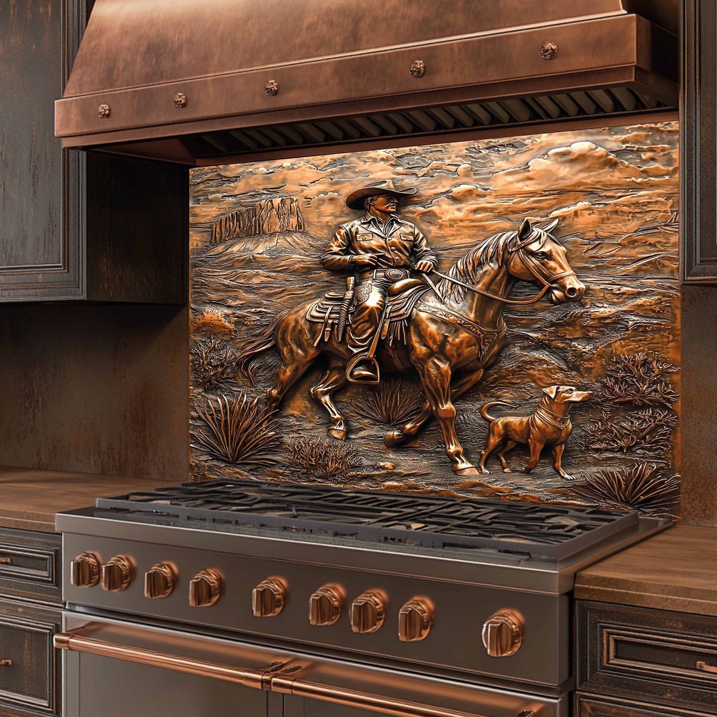 Copper Look Cowboy Tempered Glass Backsplash – Western Kitchen Backsplash Behind Stove