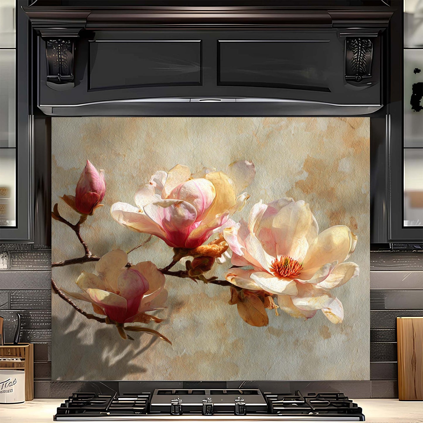 Golden Magnolia – Tempered Glass Backsplash for Kitchen – Vintage Floral Splashback