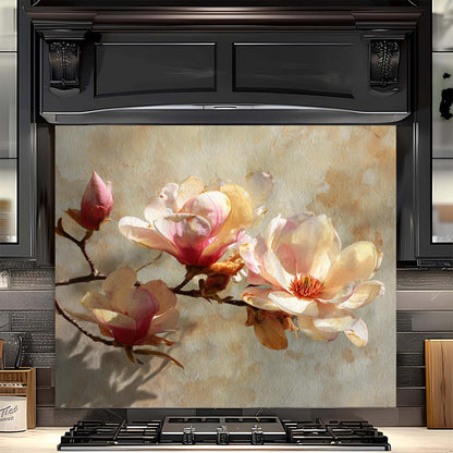 Golden Magnolia – Tempered Glass Backsplash for Kitchen – Vintage Floral Splashback