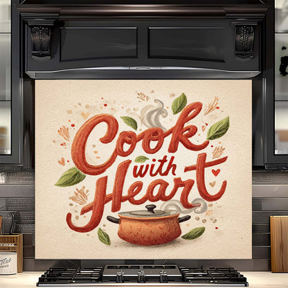 Cook with Heart – Tempered Glass Backsplash for Kitchen – Rustic Pot Kitchen Splashback