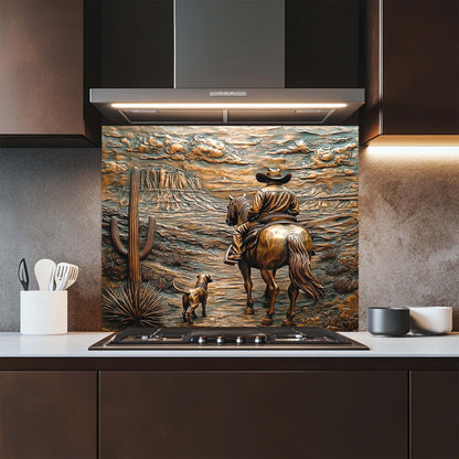 Desert Gaze – Tempered Glass Backsplash with Cowboy, Dog, and Canyon View