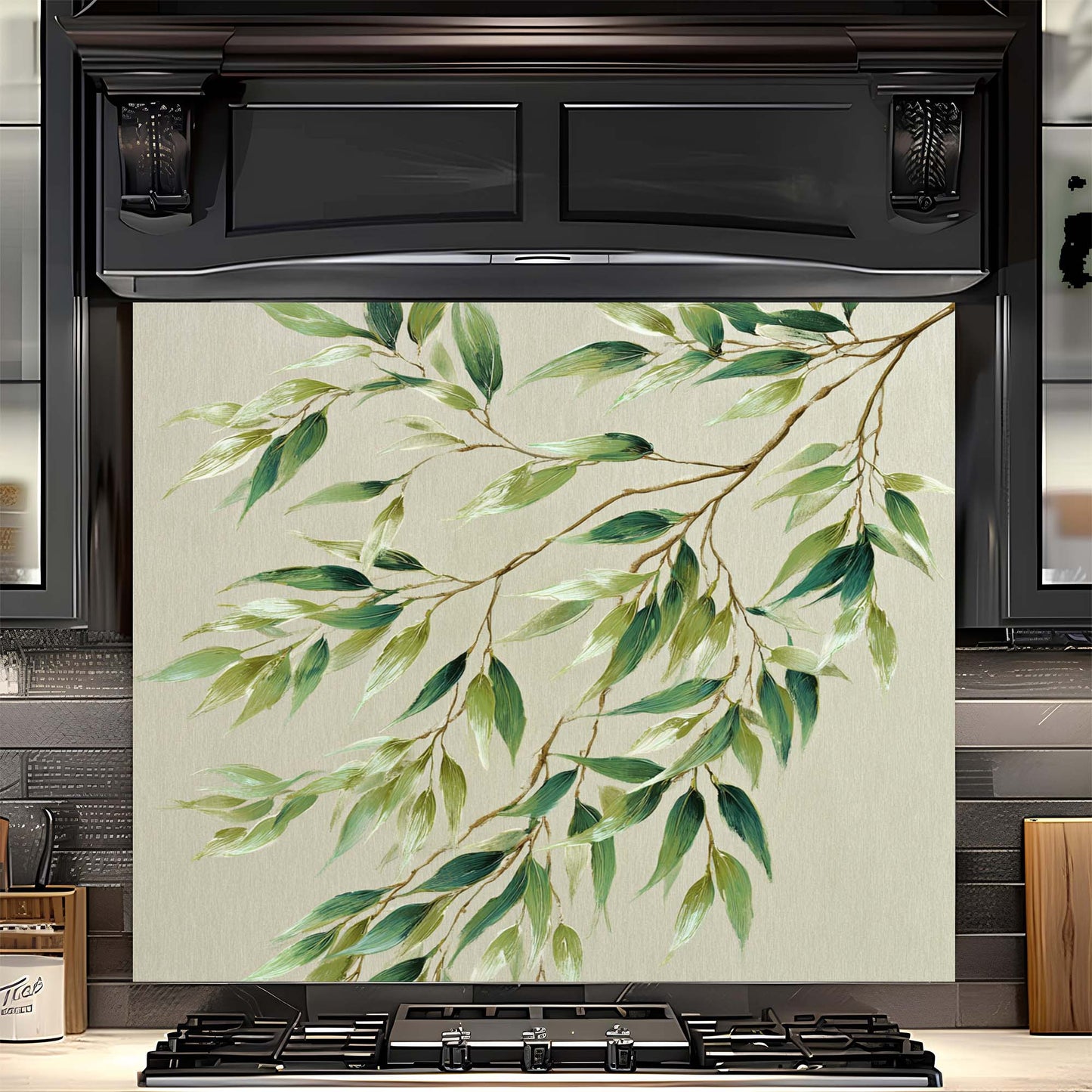 Olive Whisper – Tempered Glass Backsplash for Kitchen – Green Botanical Splashback