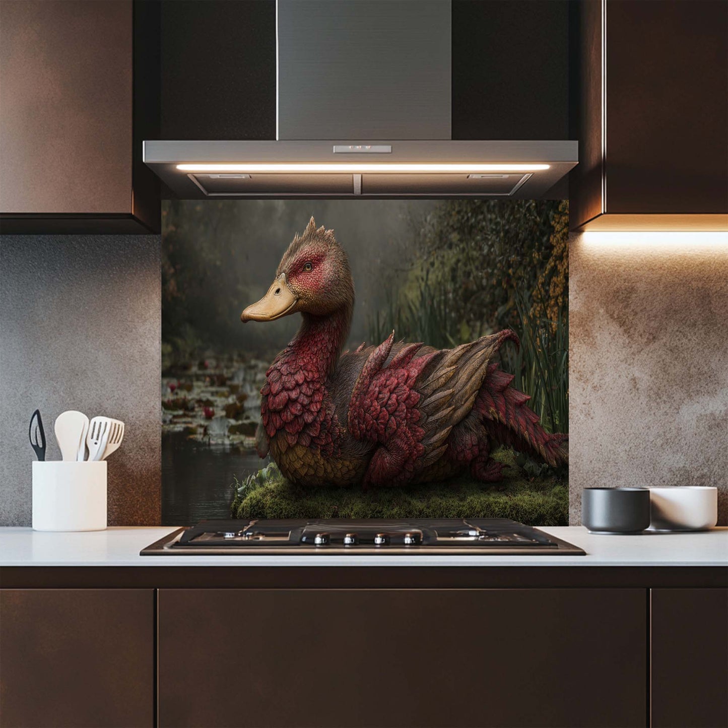Dragonbill – Tempered Glass Backsplash for Kitchen | Mythical Duck-Dragon Backsplash