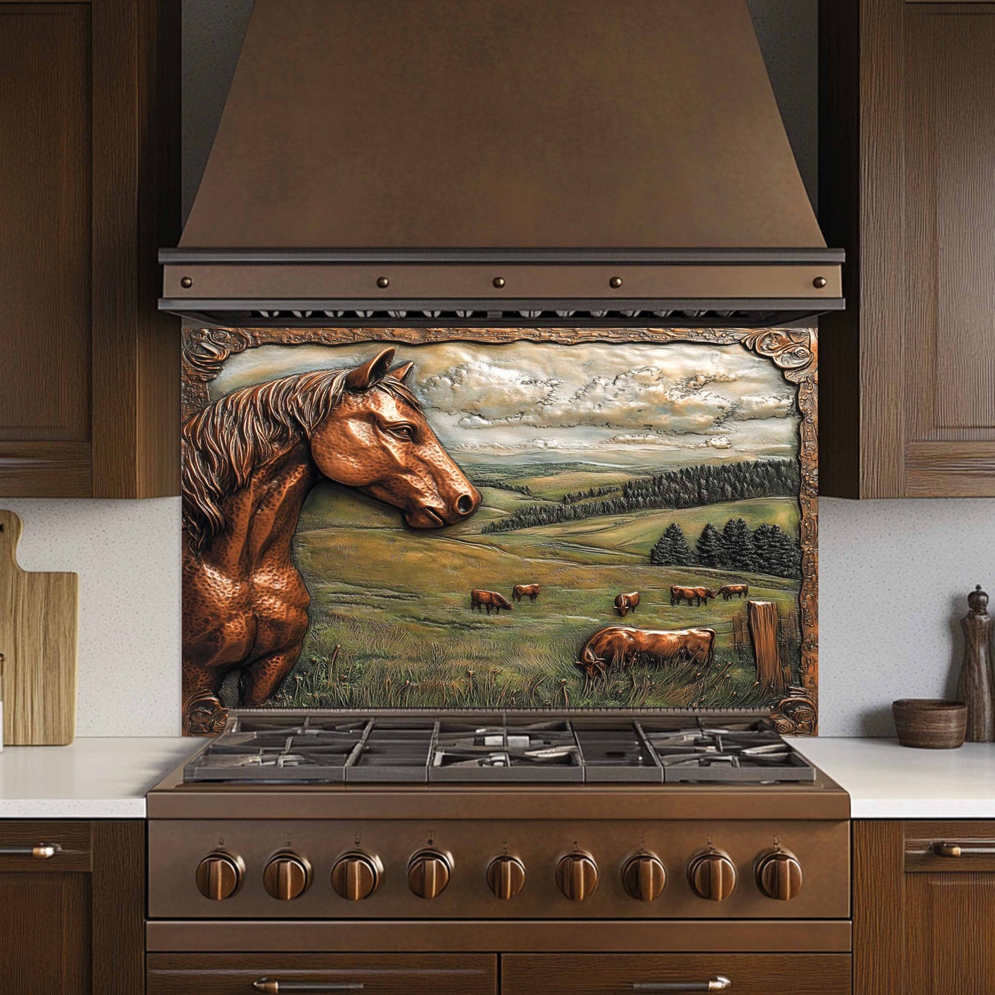 Copper Look Horse Tempered Glass Backsplash – Farmhouse Country Kitchen Backsplash