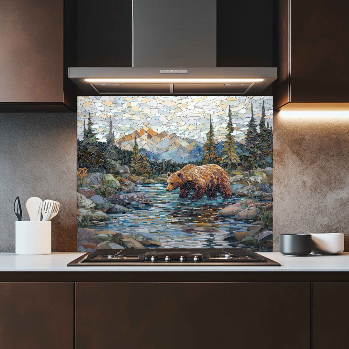 Mosaic Look Creek Tempered Glass Backsplash – Artistic Bear & River Scene