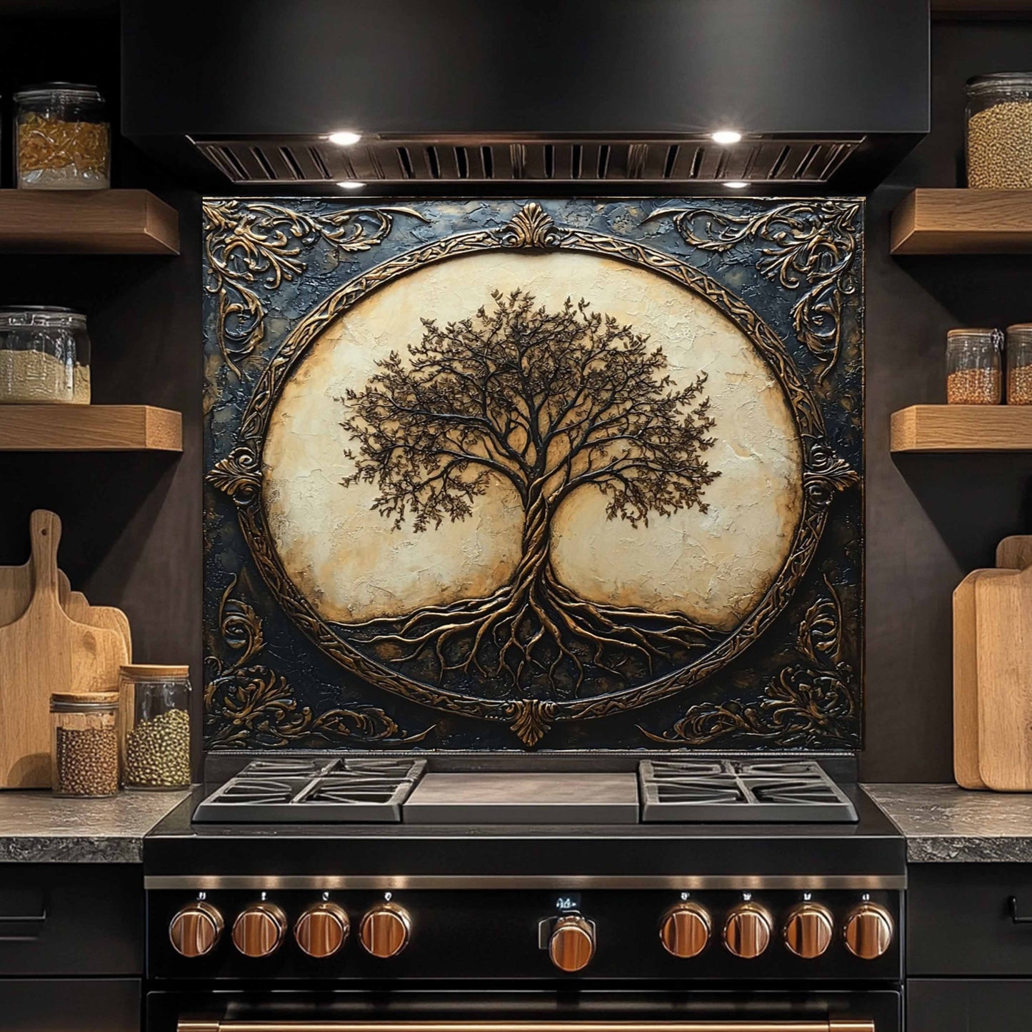 Royal Roots Tempered Glass Backsplash – Vintage Tree of Life Kitchen Stove Backsplash