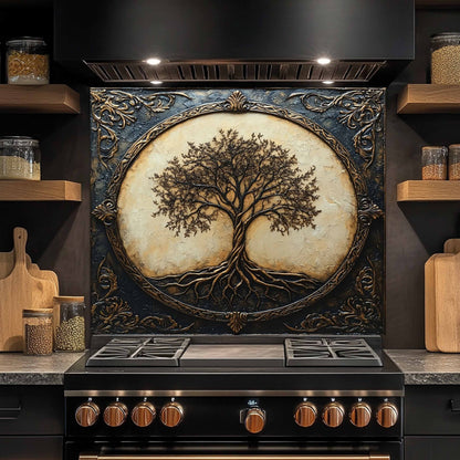 Royal Roots Tempered Glass Backsplash – Vintage Tree of Life Kitchen Stove Backsplash