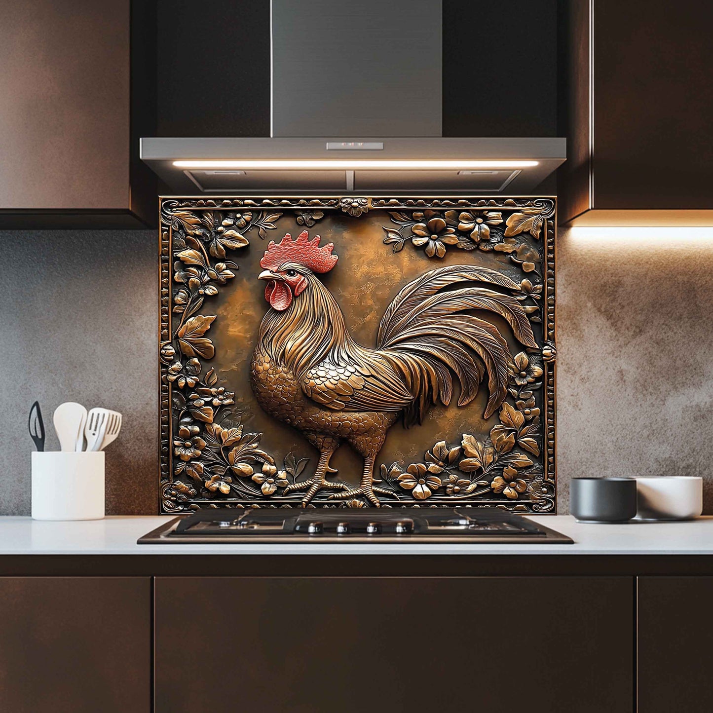 Rooster Copper Look– Tempered Glass Backsplash for Rustic Kitchen
