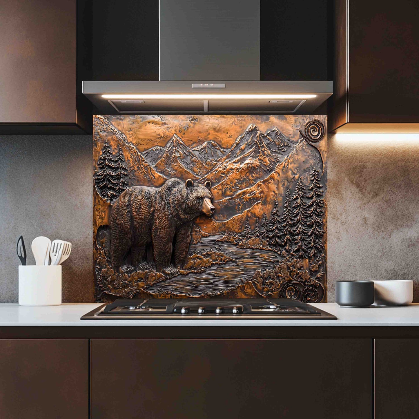 Rustic Style Tempered Glass Backsplash – Bear and Mountain River Kitchen Panel