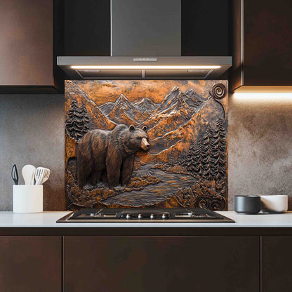 Rustic Style Tempered Glass Backsplash – Bear and Mountain River Kitchen Panel