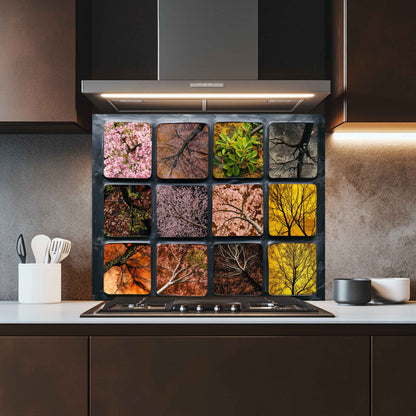 Seasonal Canopy – Tempered Glass Backsplash for Kitchen | Floral Tree Silhouette Abstract