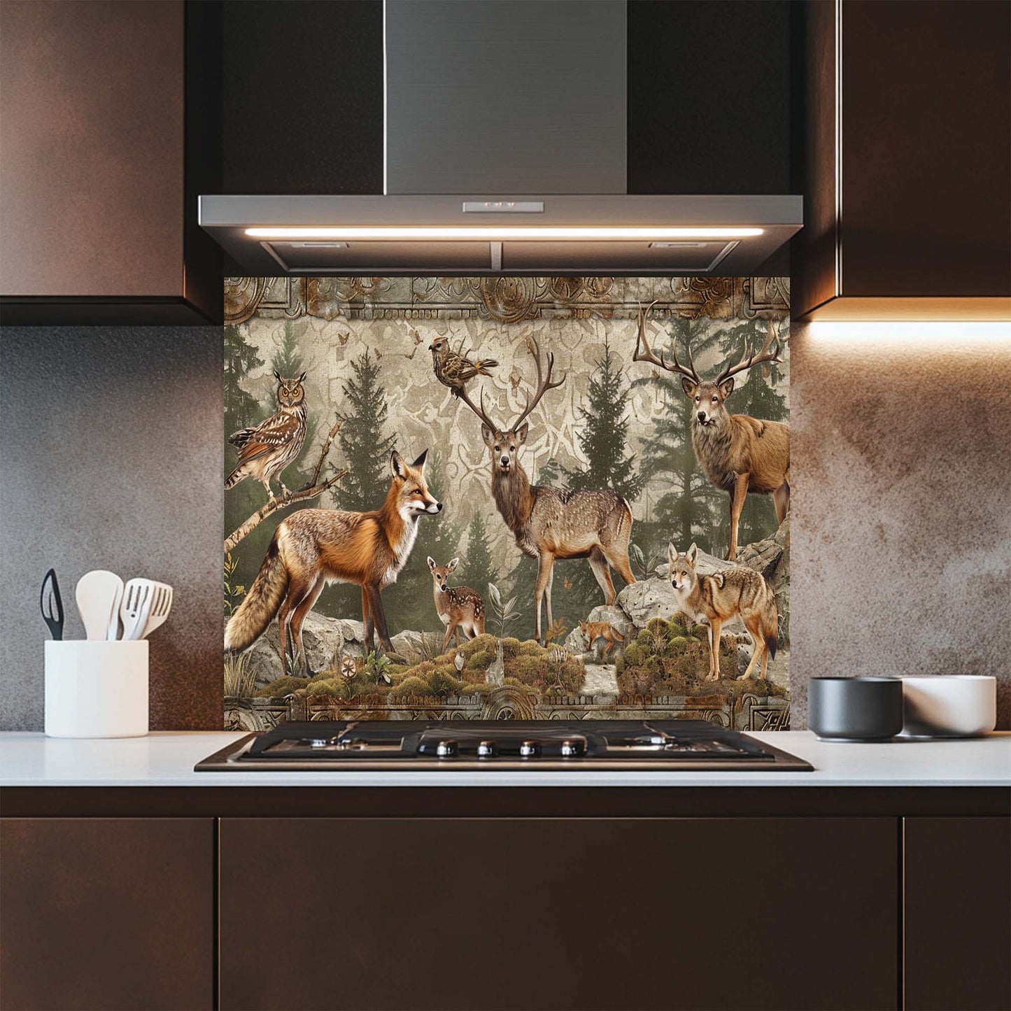 Forest Council – Tempered Glass Backsplash for Kitchen | Deer, Fox, Owl Scene Backsplash