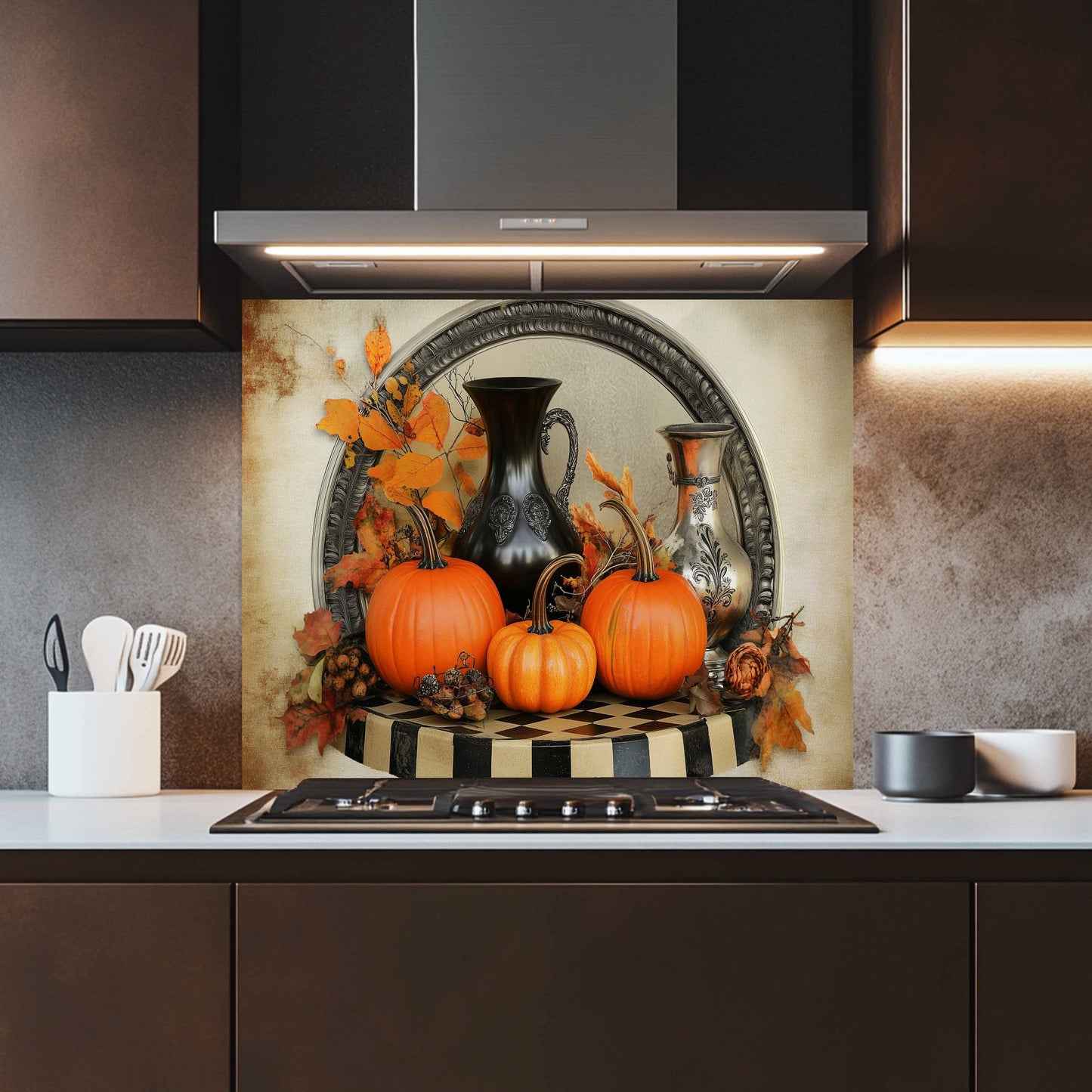 Autumn Harvest Tempered Glass Backsplash – Vintage Pumpkin Kitchen Wall Art