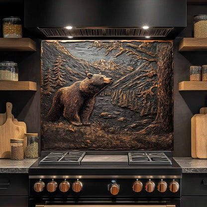Mountain Whisper Tempered Glass Backsplash – Bear in Forest Kitchen Backsplash Panel