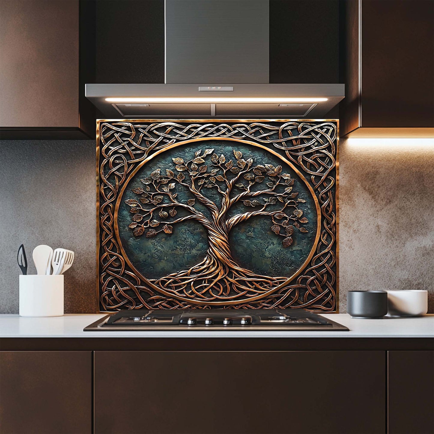 Timeless Tree – Tempered Glass Backsplash for Kitchen Stove | Copper Look Backsplash