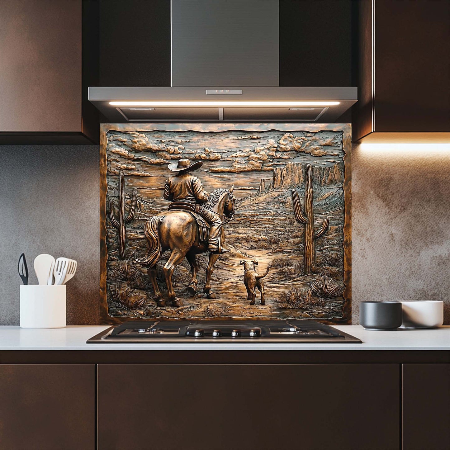 Desert Trail – Tempered Glass Backsplash with Cowboy and Dog | Western Backsplash (Copy)