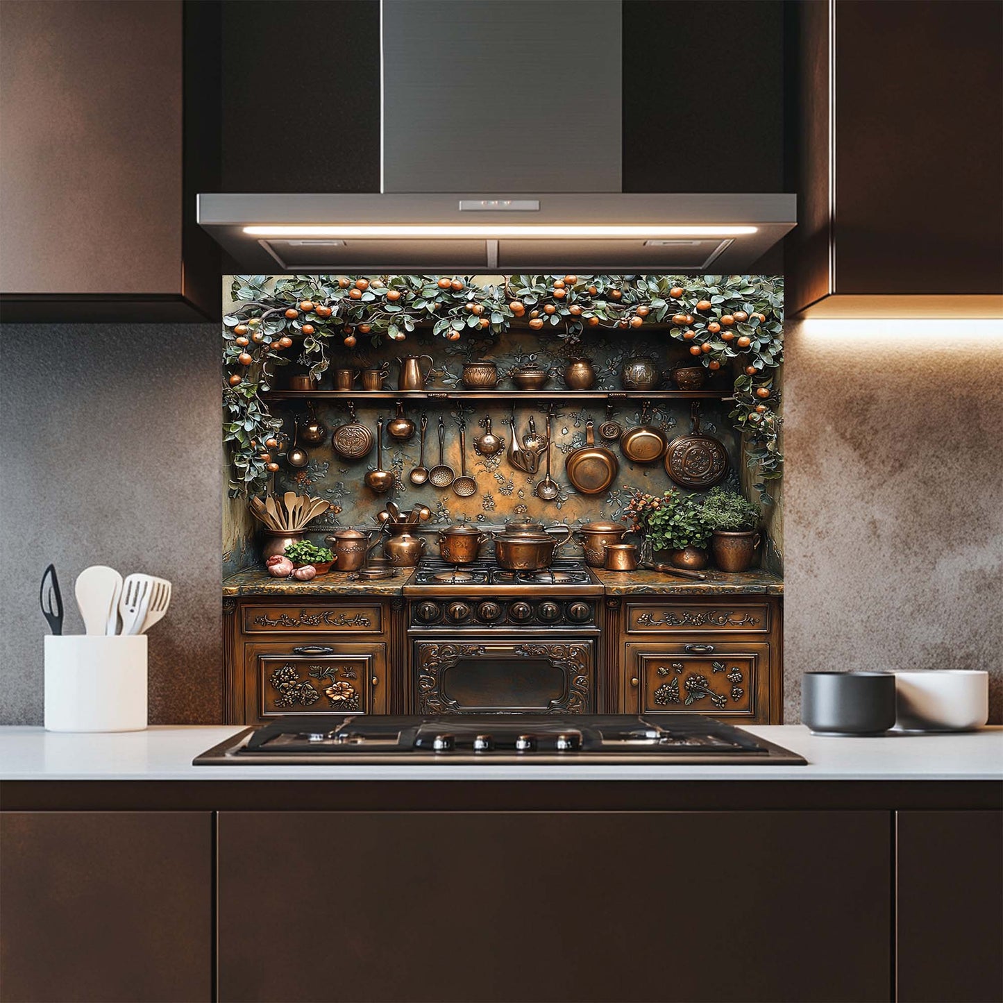 Orchard Hearth – Tempered Glass Backsplash for Kitchen Stove | Copper Look Splashback