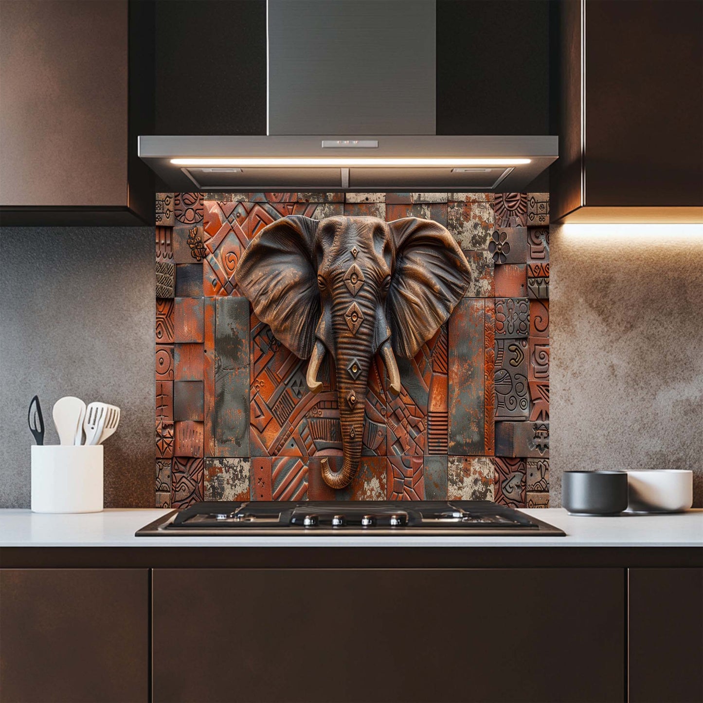 Tribal Elephant – Tempered Glass Backsplash | African Ethnic Pattern Kitchen Backsplash