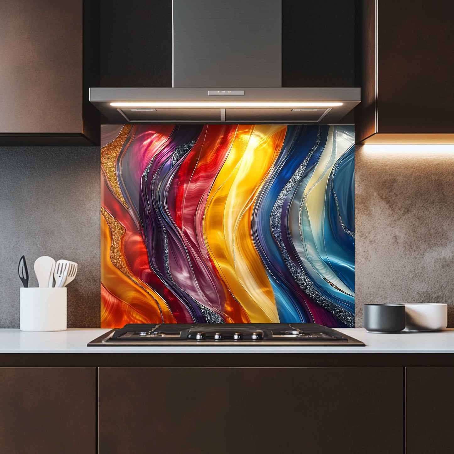 Aurora Waves Tempered Glass Backsplash – Modern Abstract Custom Kitchen Wall Panel