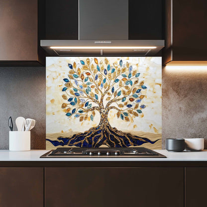 Custom Kitchen Backsplash – Golden Roots Tempered Glass Stove Backsplash