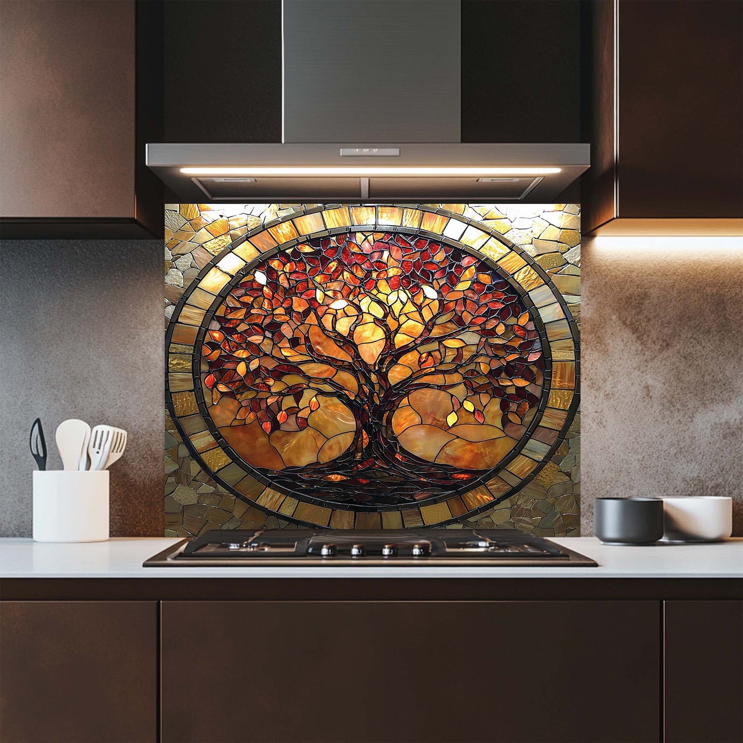 Amber Radiance – Tempered Glass Backsplash for Stove | Tree of Life Mosaic Style Backsplash